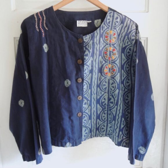 Market Place Blue Batik Cotton Button Jacket Top S/M *Runs L - Picture 2 of 8